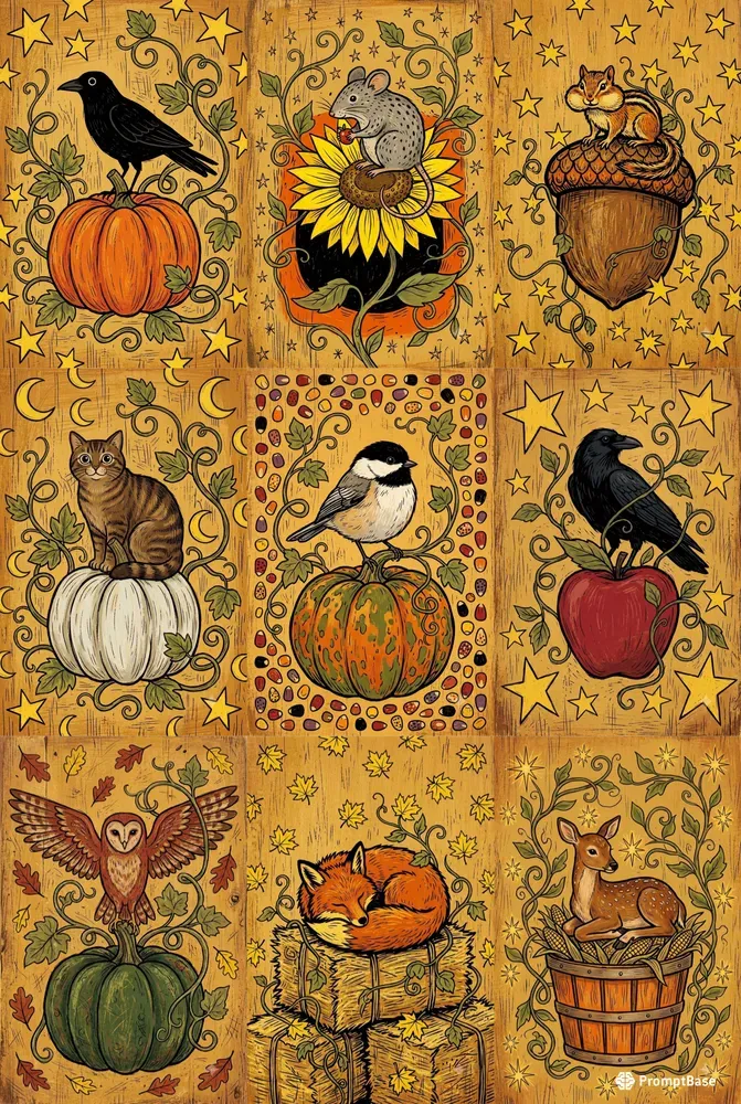 Primitive Autumn Folk Art Prints