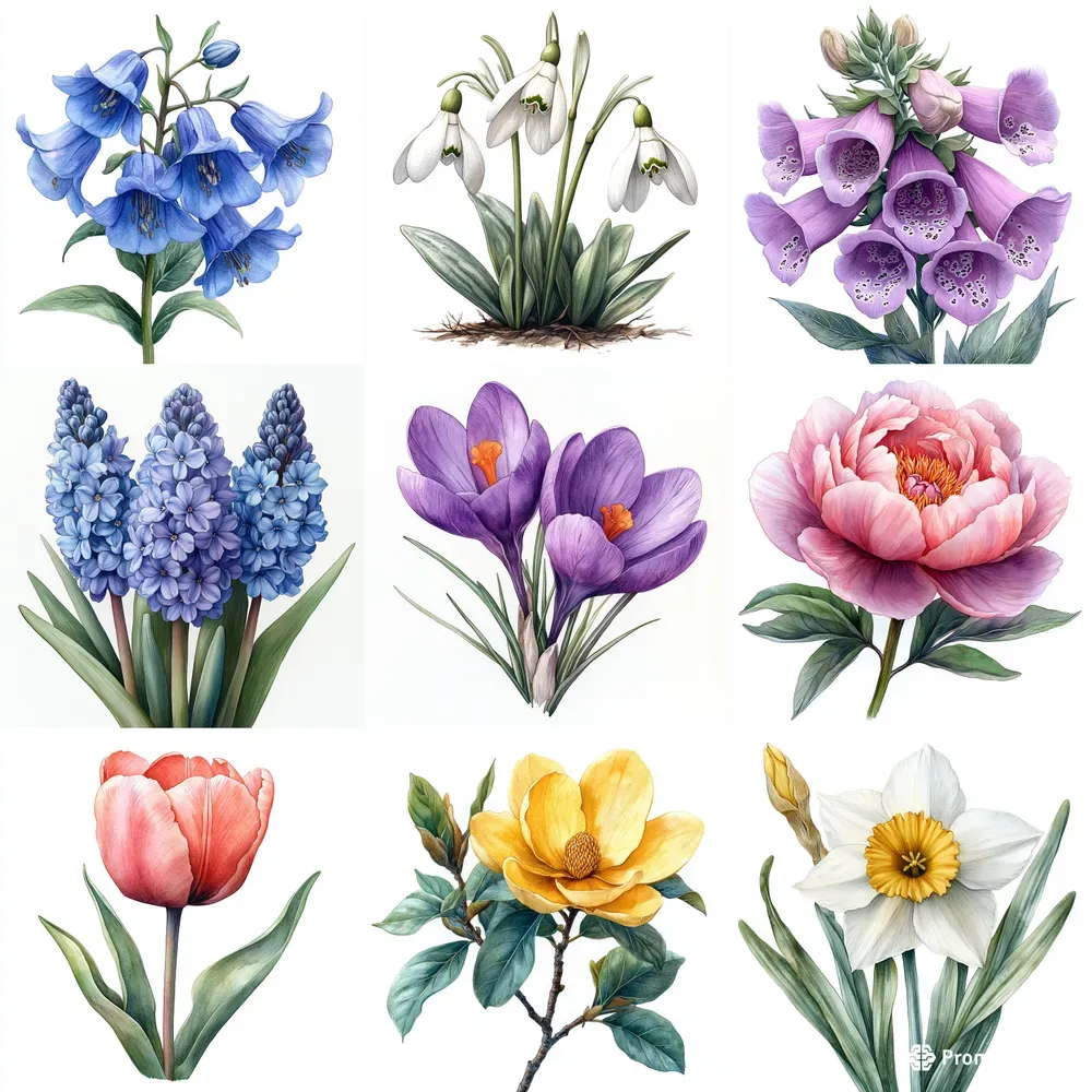 Realistic Spring Flowers In Watercolors