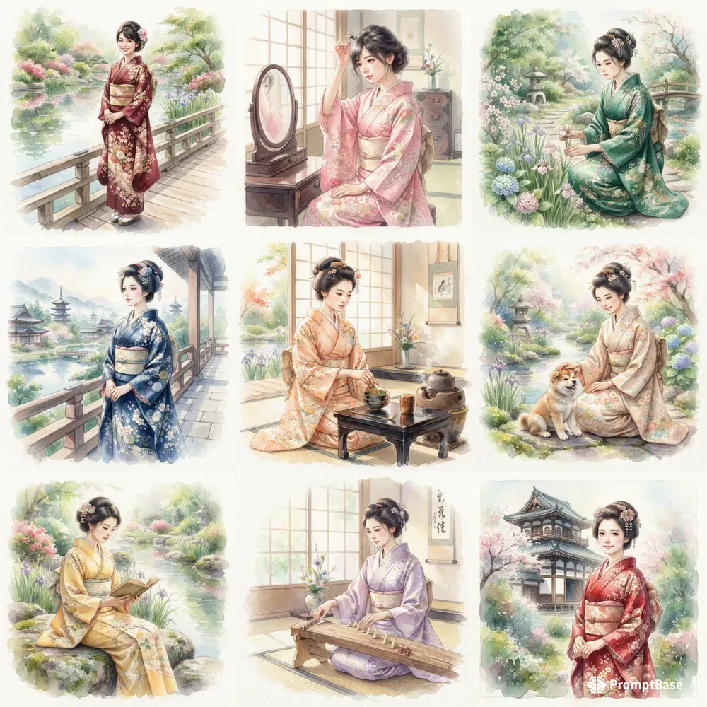 Japanese Kimono Watercolor Collections