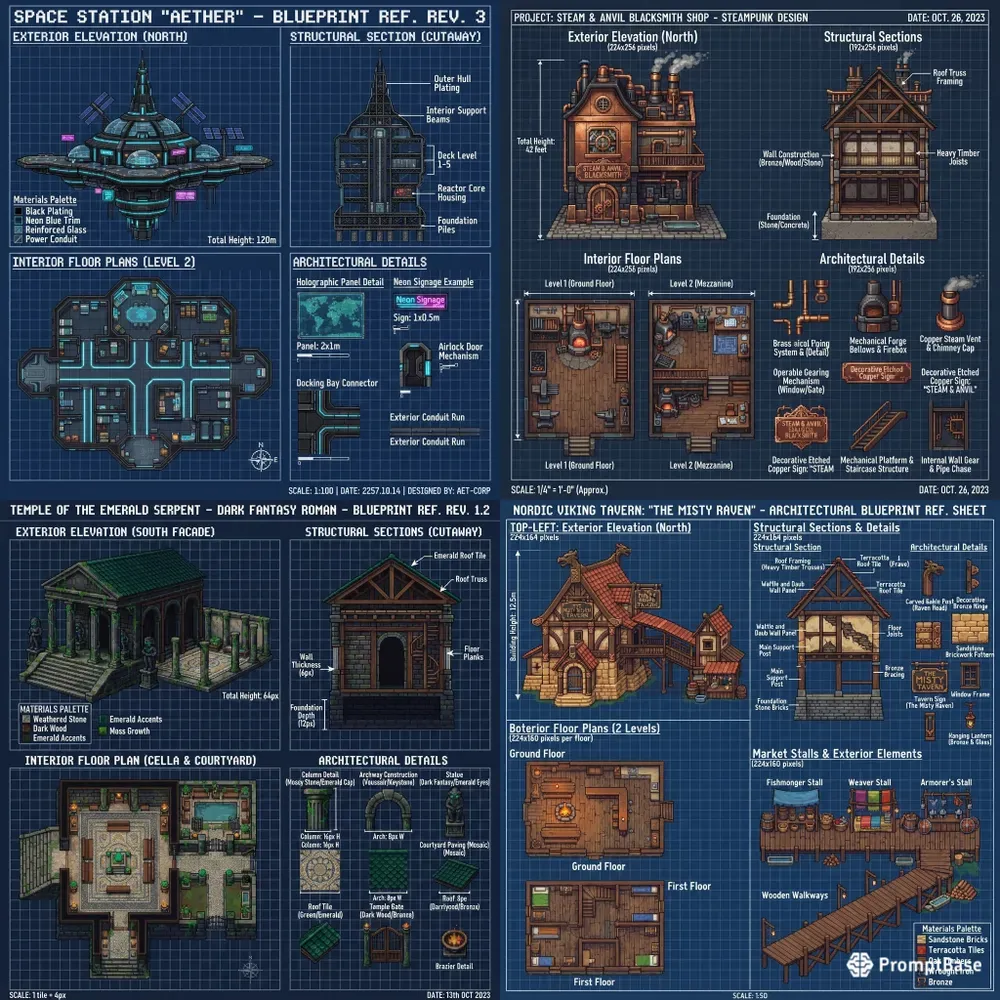 Pixel Art Building Blueprint Sheets