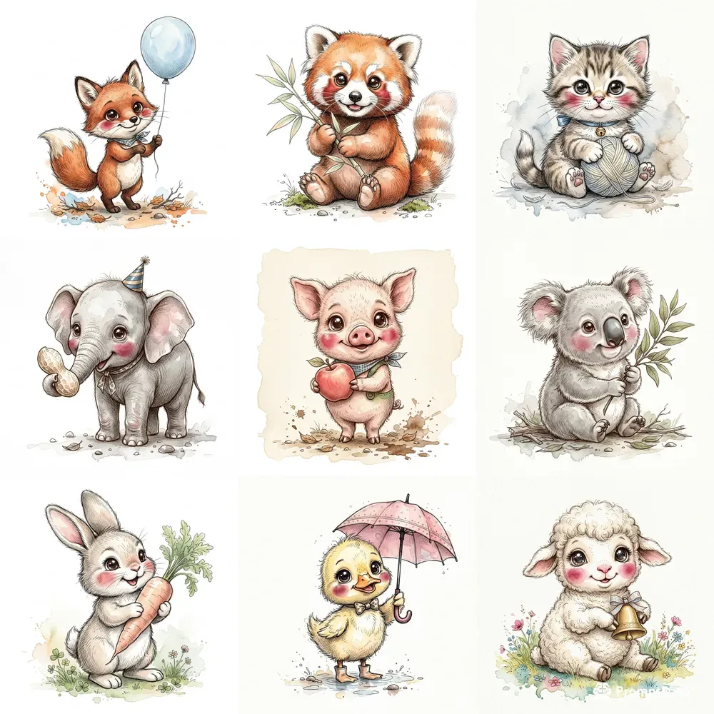 Watercolor Baby Animal Sticker Pod Art