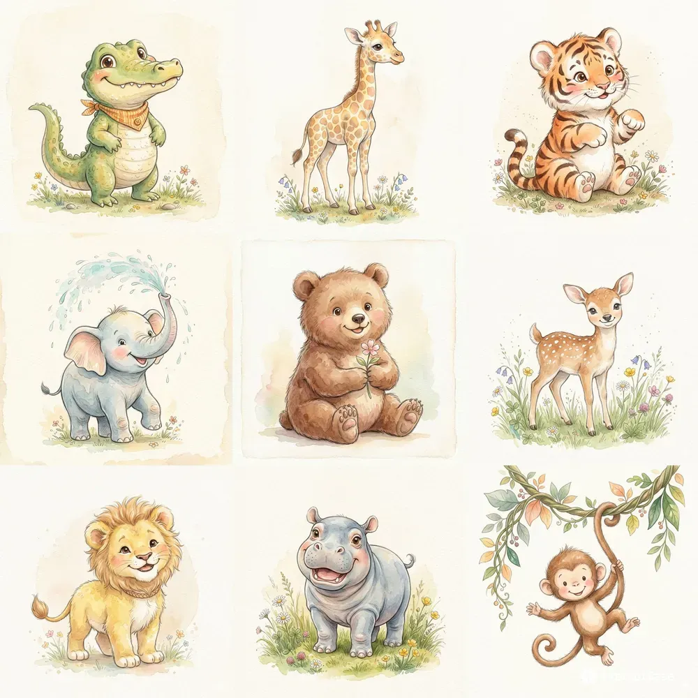 Cute Watercolor Baby Animal Art