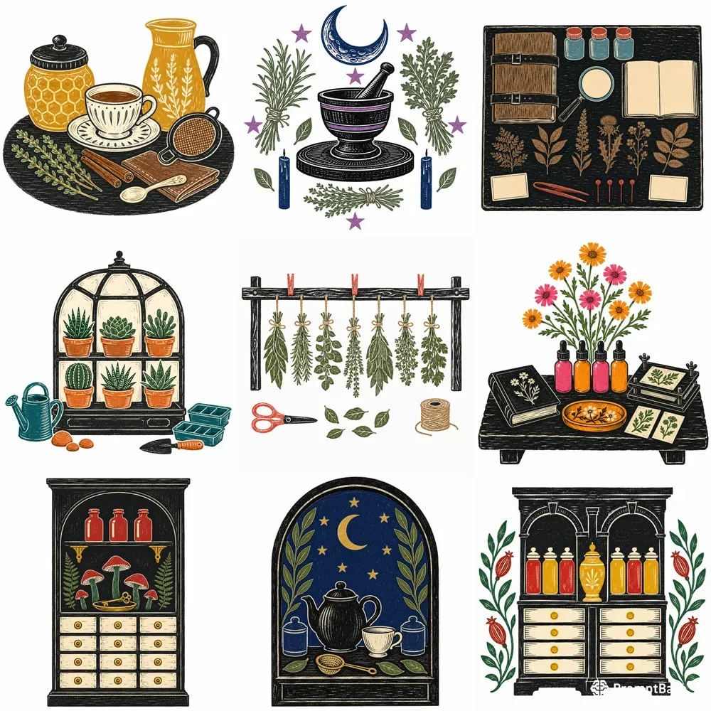 Retro Folk Botanical Apothecary Linocuts