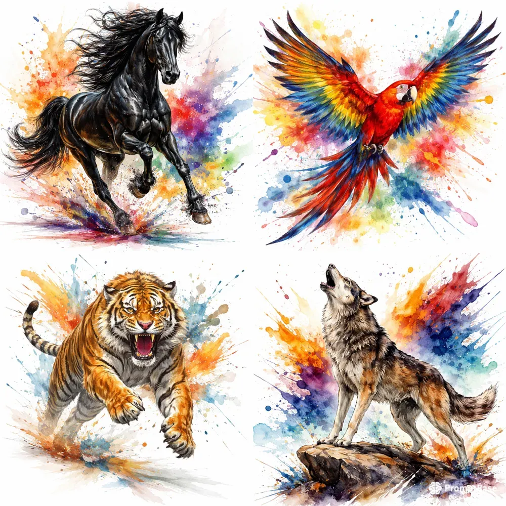 Dynamic Watercolor Animal Splashes