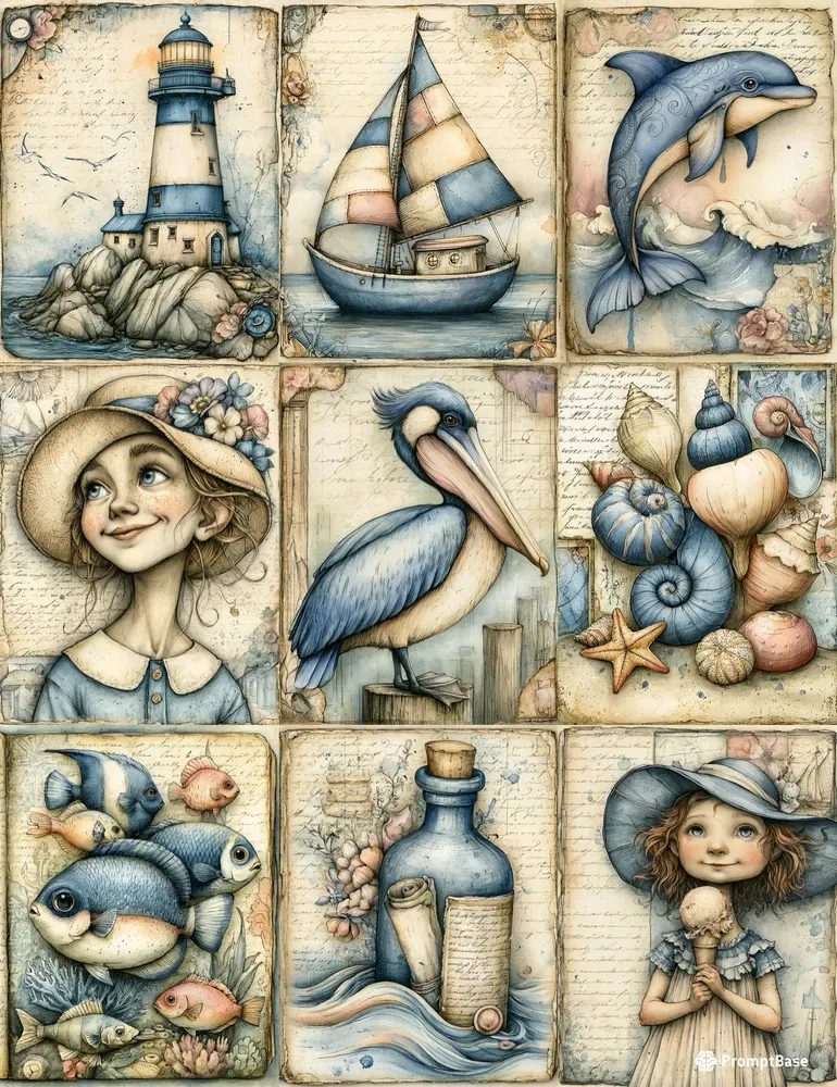 Vintage Coastal Junk Journal Art Pages