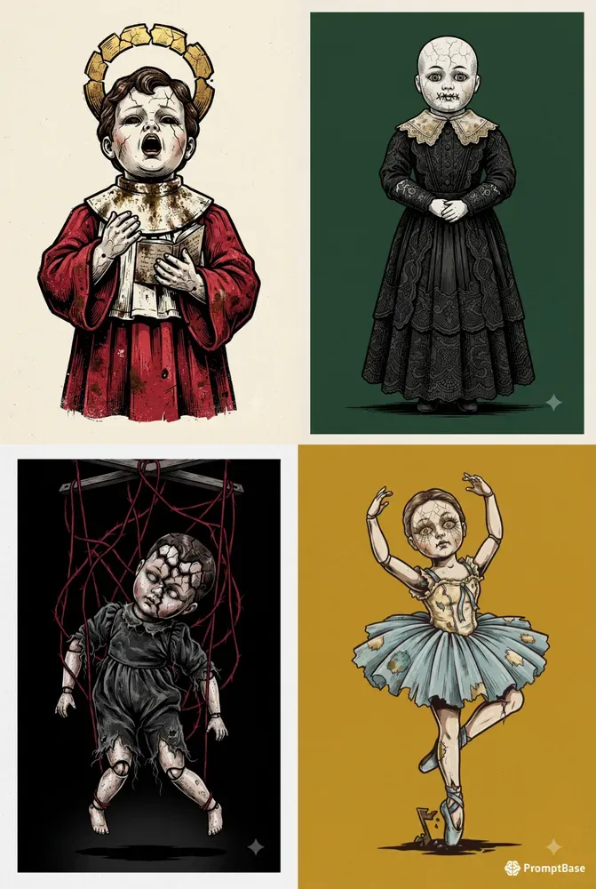 Vintage Horror Doll Linocut Illustrations