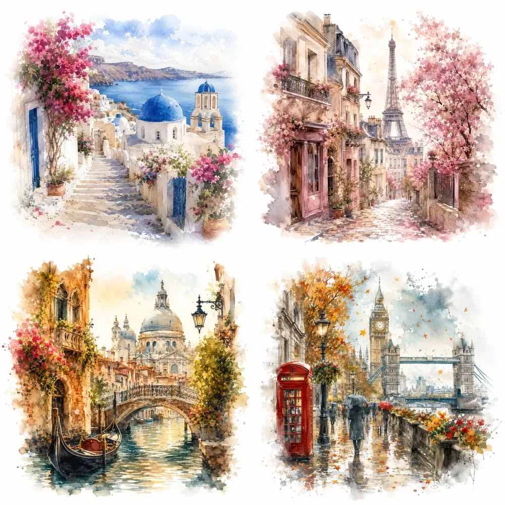 Famous City Watercolor Street Scenes