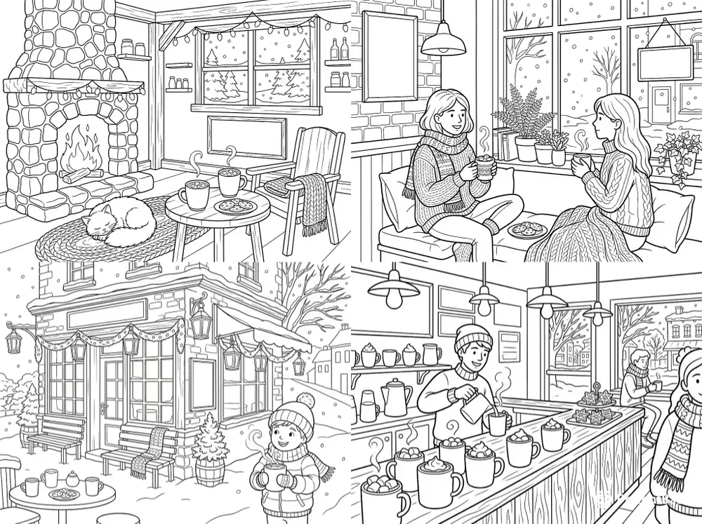 Cozy Hot Cocoa Cafe Coloring Pages