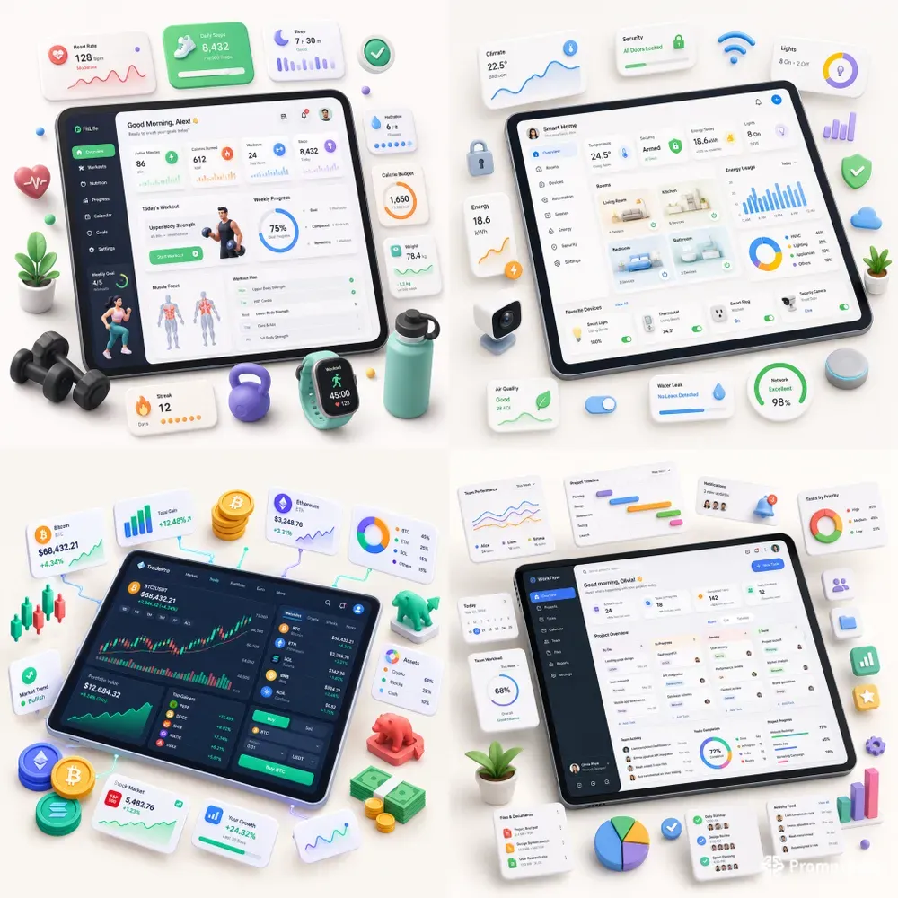 3D App UI Dashboard Mockups