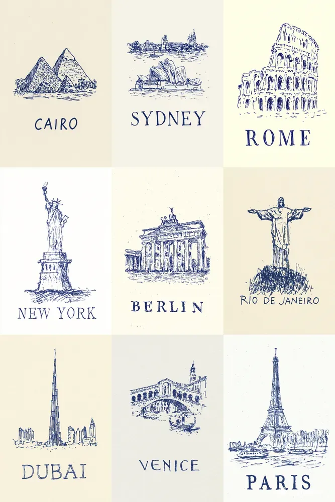 Minimal Blue Ink Travel Sketch Prints