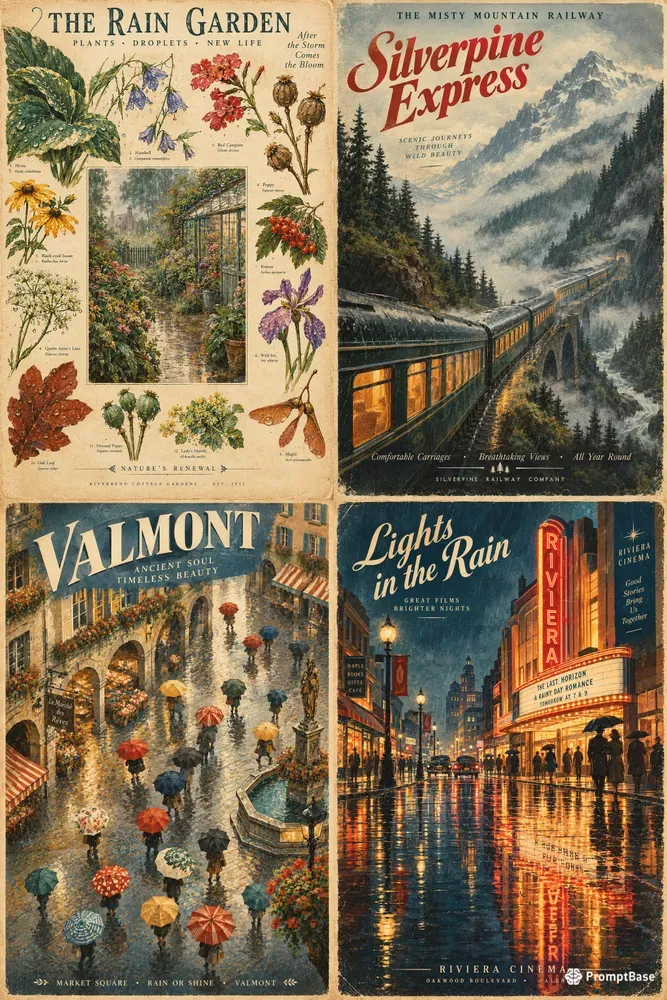 Retro Cozy Rainy Scenes Poster Art
