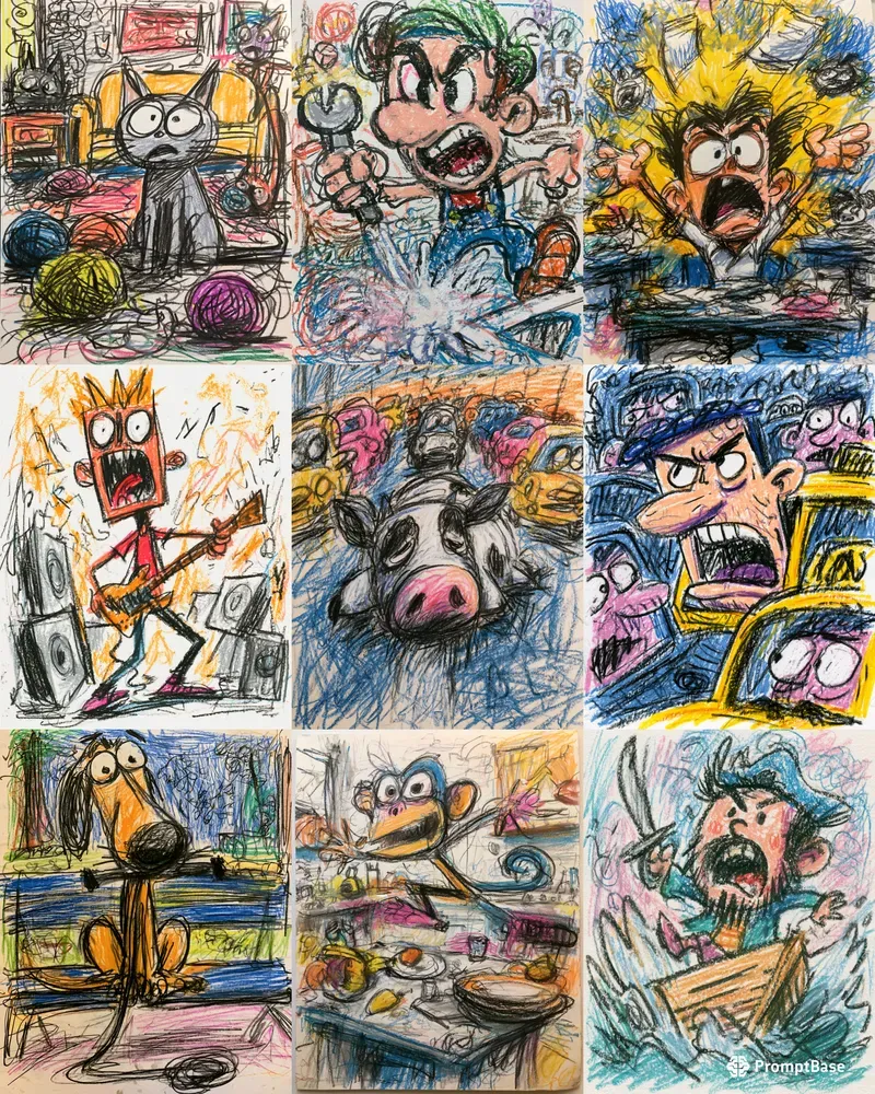 Chaotic Crayon Cartoon Scenes