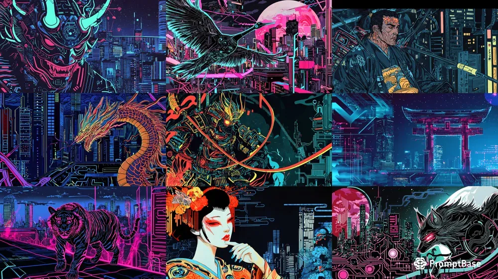 Cyberpunk Ukiyoe Neon Japanese Art