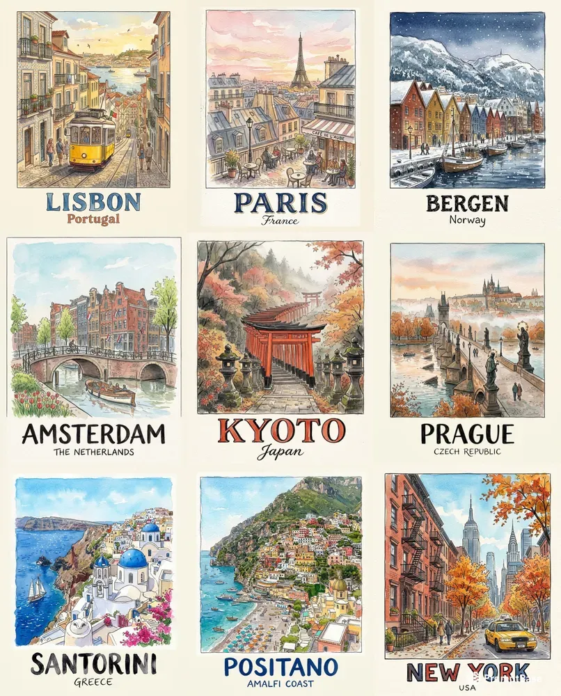 Watercolor Ink City Travel Posters