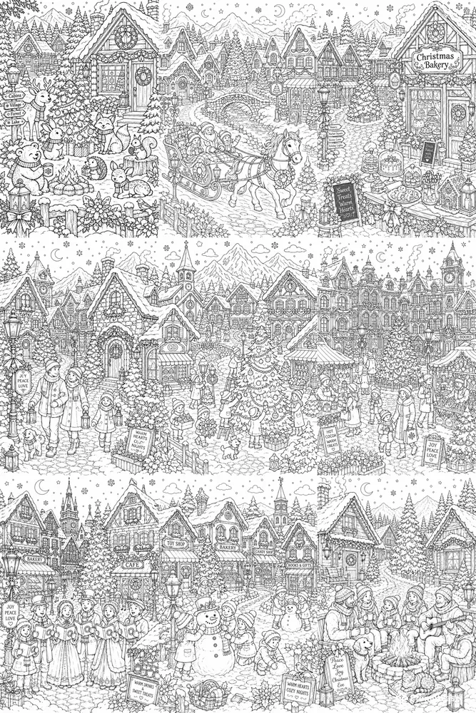 Christmas Village Snow Scenes Line Art