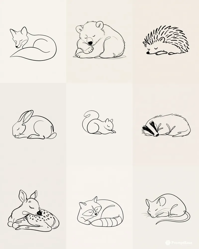 Sleepy Woodland Animals Minimal Line Art