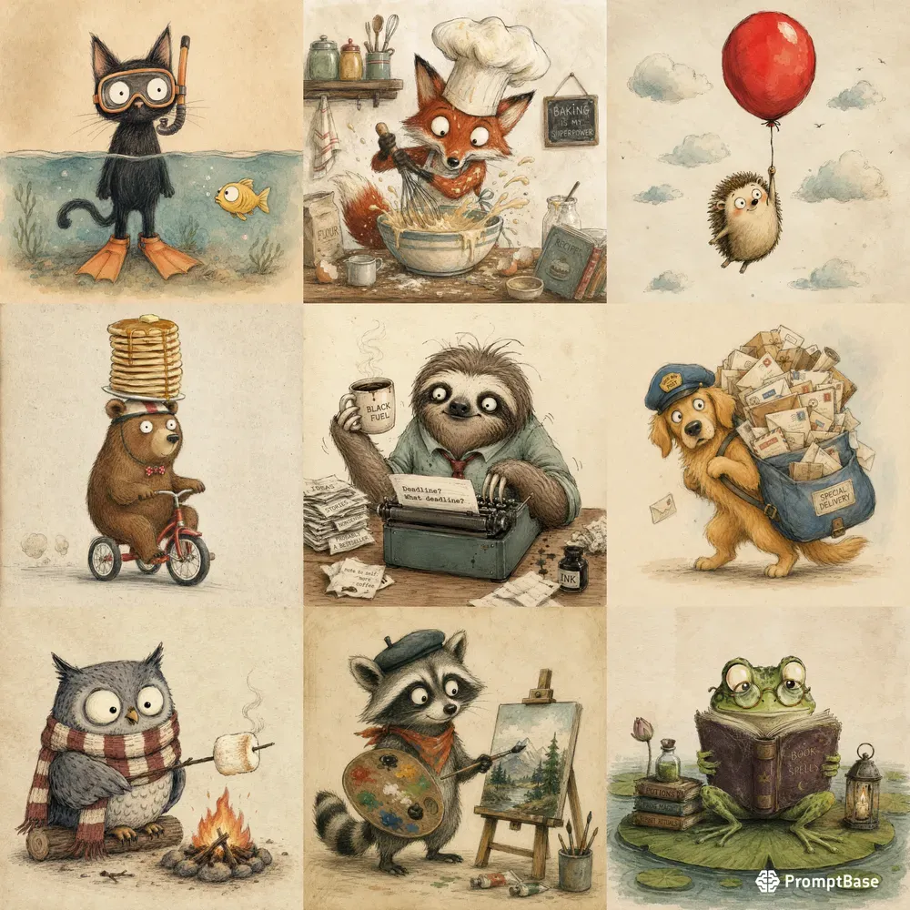 Whimsical Ink Watercolor Animals