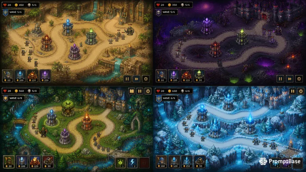 16bit Tower Defense Game Mockups