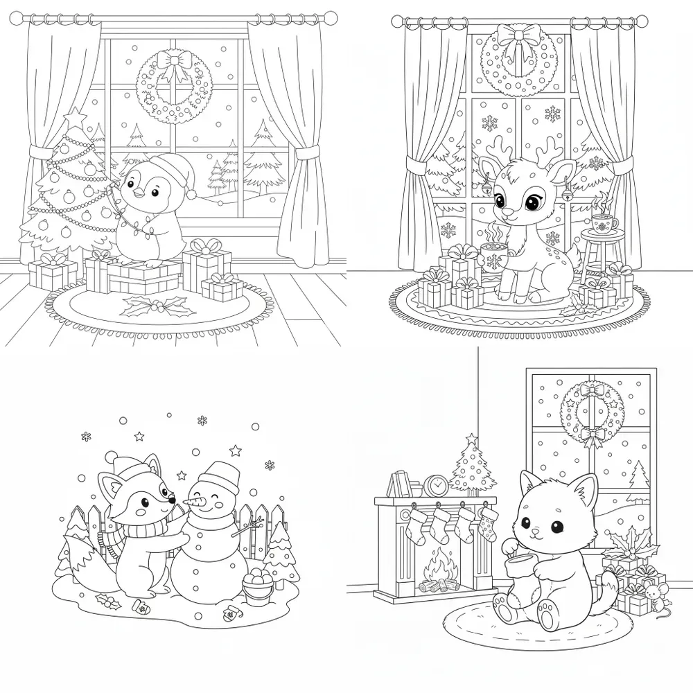 Cute Animals Christmas Coloring Pages