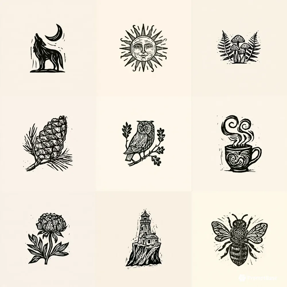 Linocut Stamp Print Handdrawn Icons
