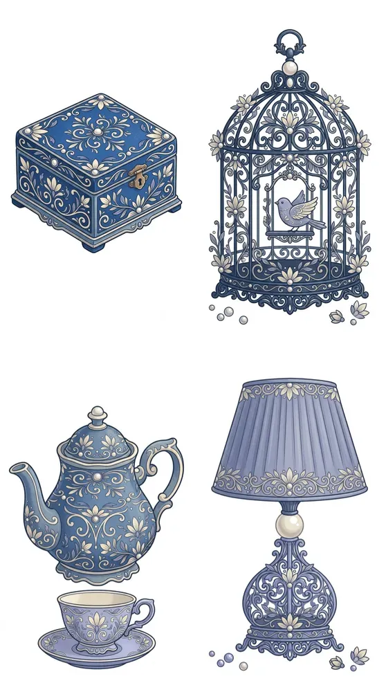 Stylized Blue Victorian Objects Clipart