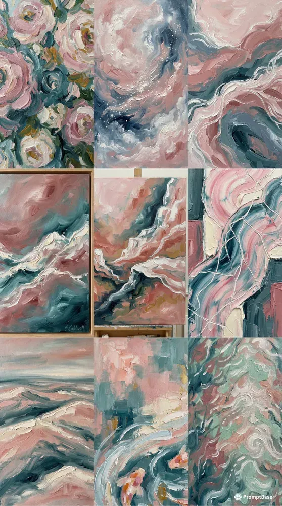 Pastel Teal Pink Oil Abstracts