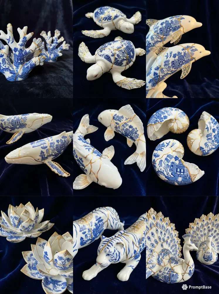 Blue Willow Kintsugi Porcelain Art