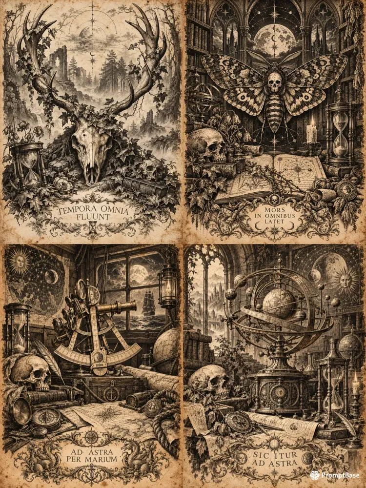 Dark Academia Memento Mori Etching Art