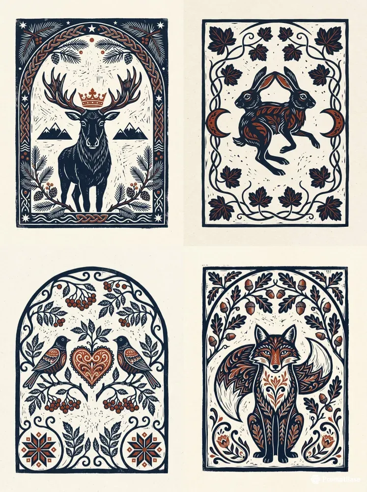Nordic Linocut Folk Greeting Card Faces