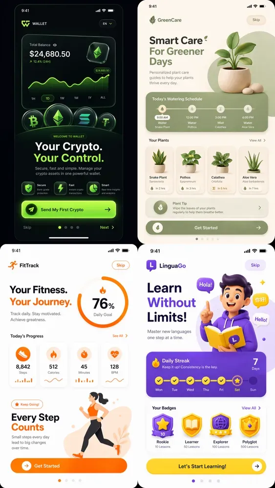 Sleek Mobile App Onboarding UIs