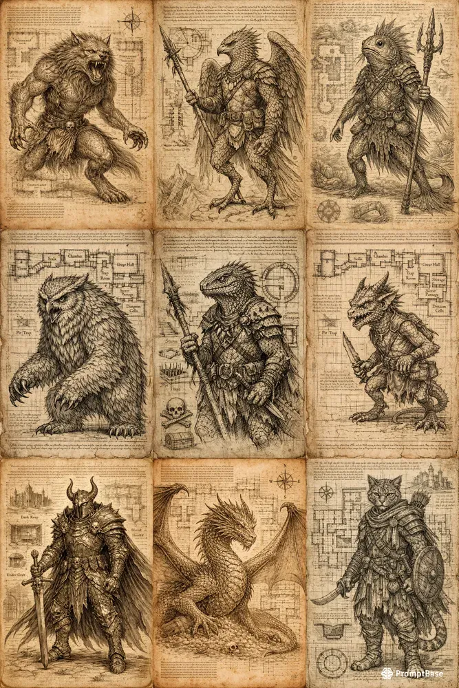 Sketches Of DnD Characters On Old Paper