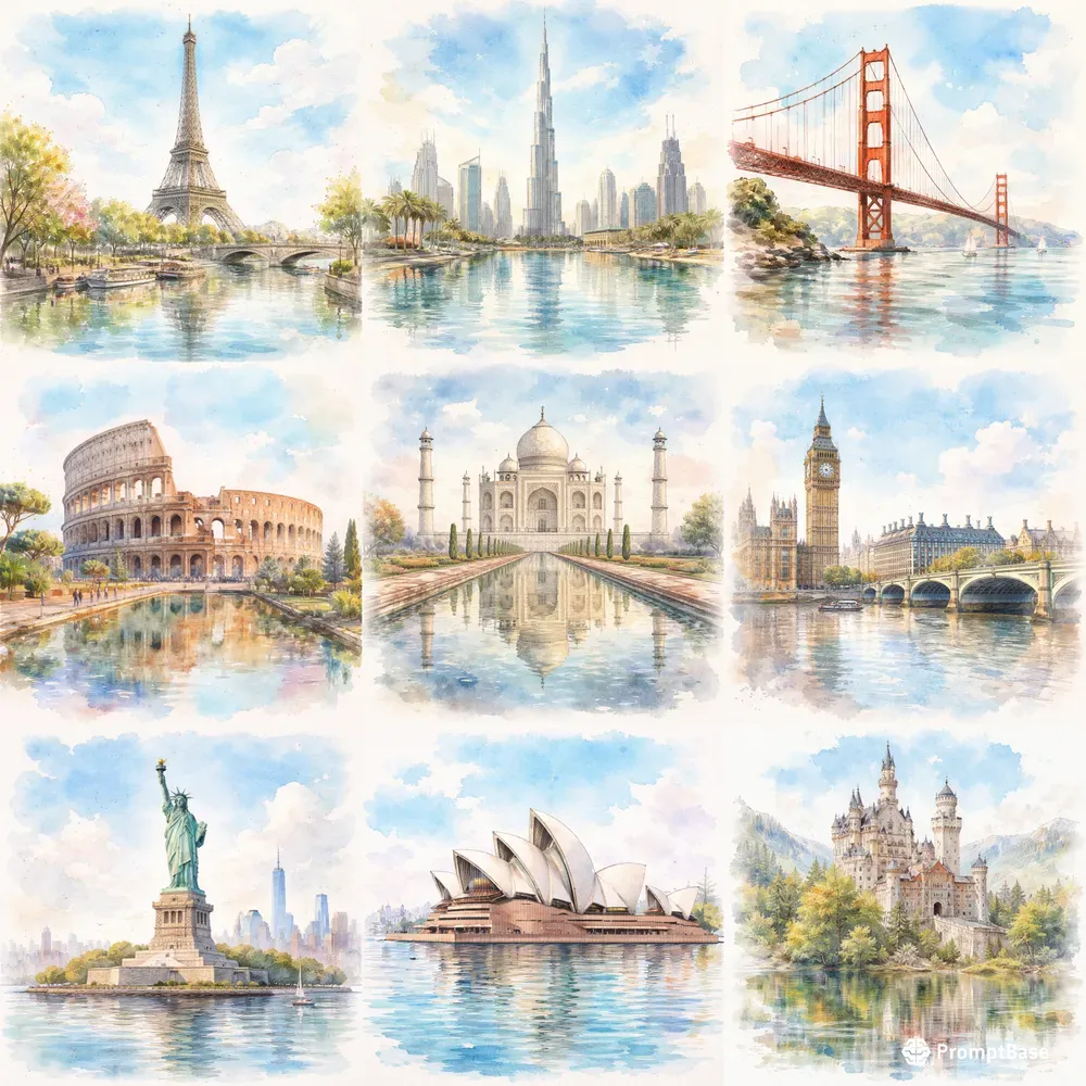 Cinematic Landmark Watercolors