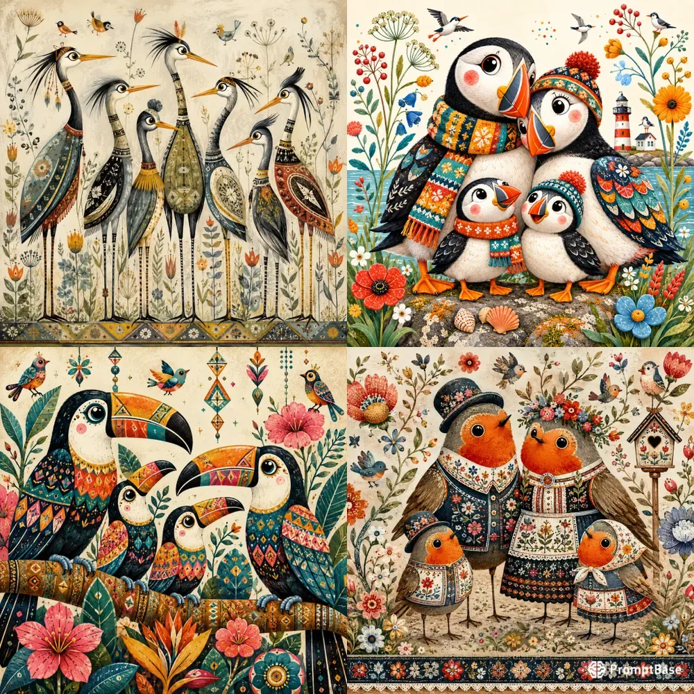 Whimsical Folk Bird Families