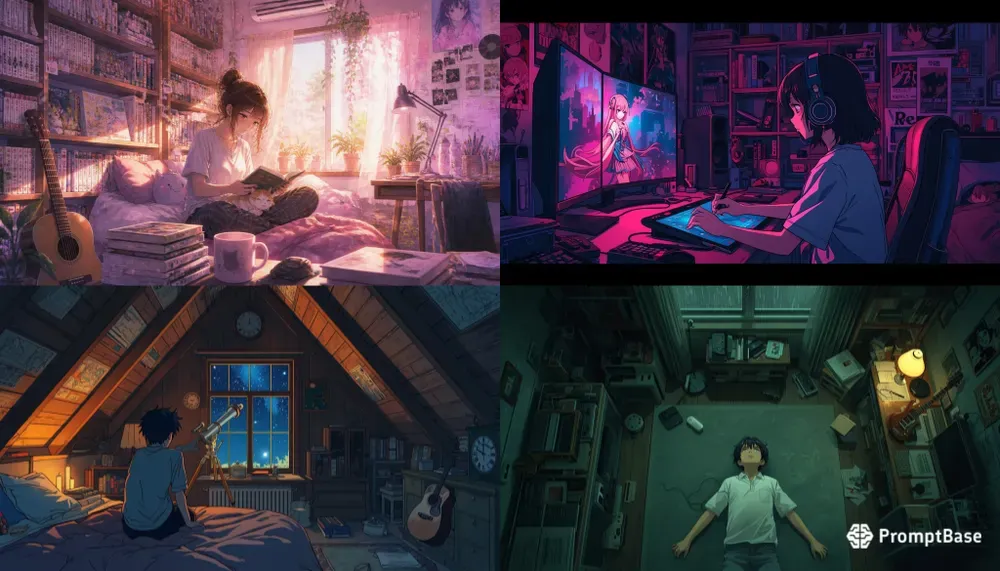 Cozy Anime Bedroom Night Illustrations