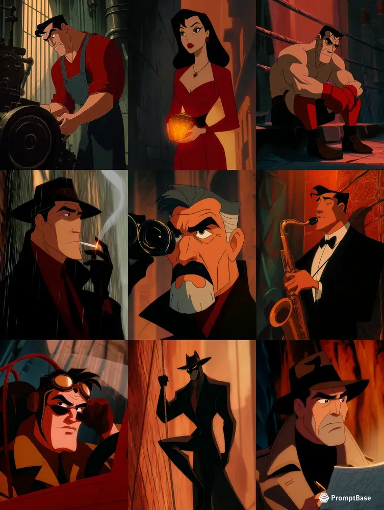 90s Dark Deco Noir Animation Style