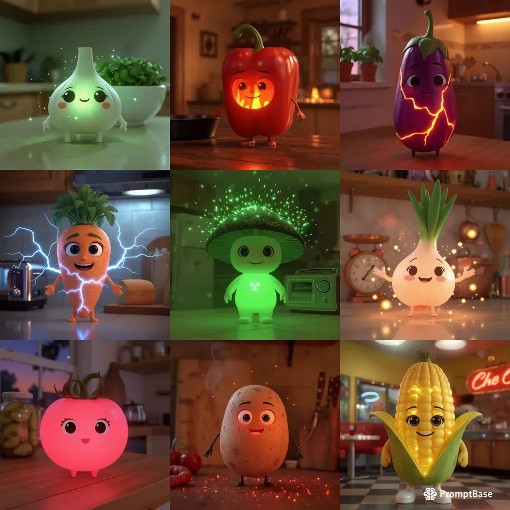 Glowing Veggies Pixarstyle Characters