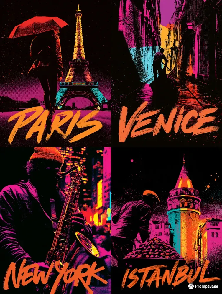 Neon Pop Art Silkscreen Travel Posters