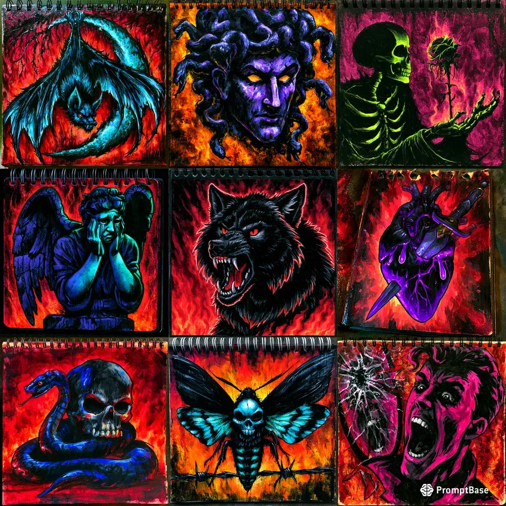 Neon Dark Ink Sketchbook Art