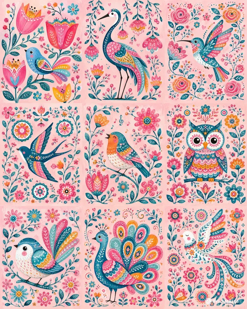 Colorful Folk Art Bird Sets