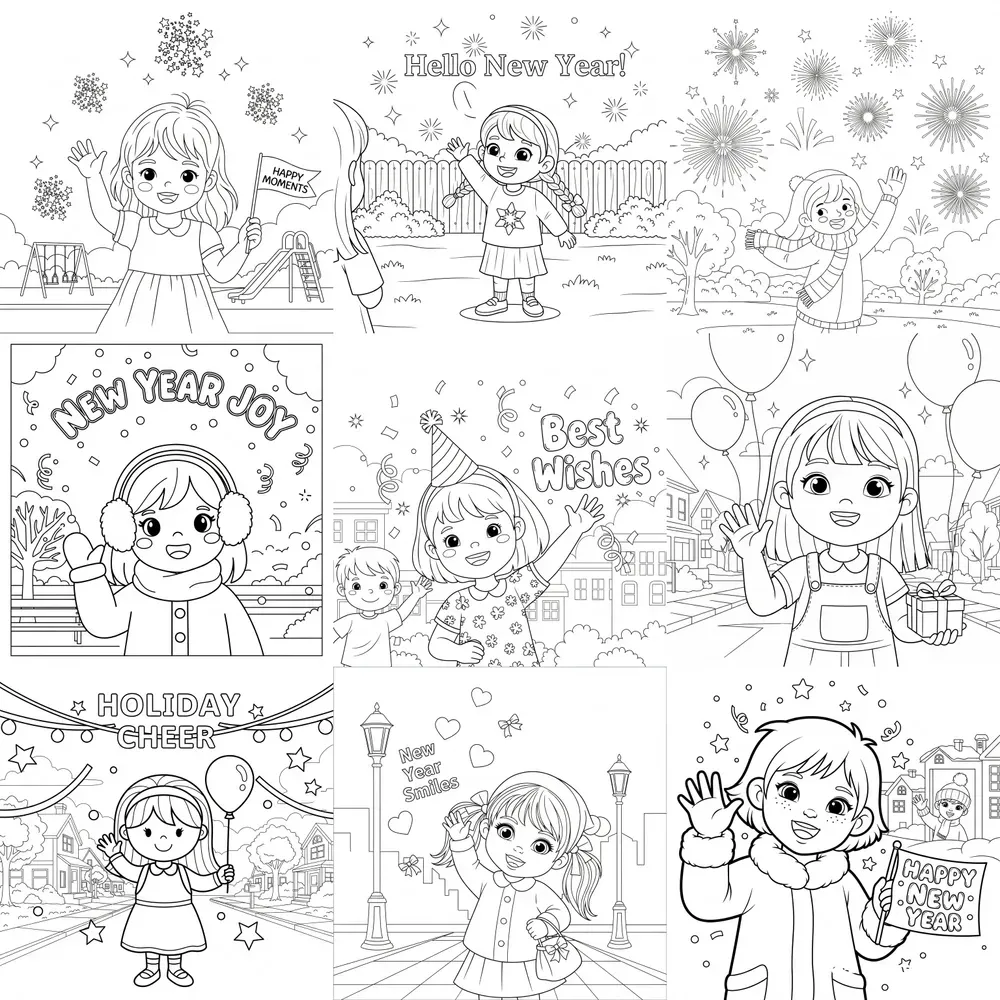 Kids New Year Line Art Wave Packs