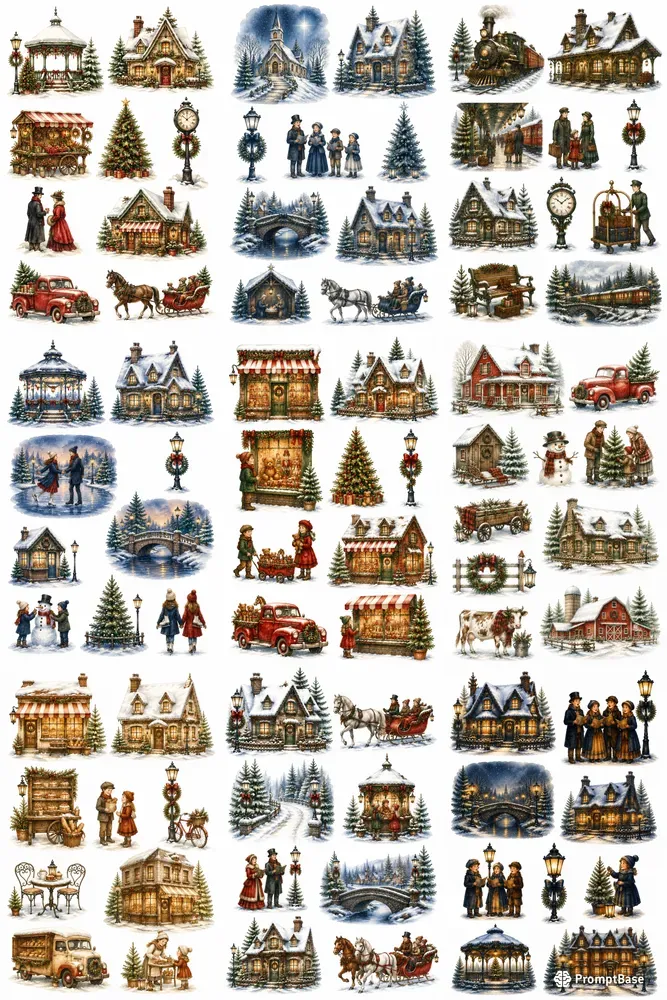 Watercolor Christmas Village Scenes