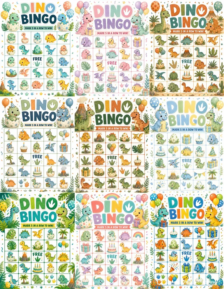 Cute Dino Birthday Bingo Game Printables