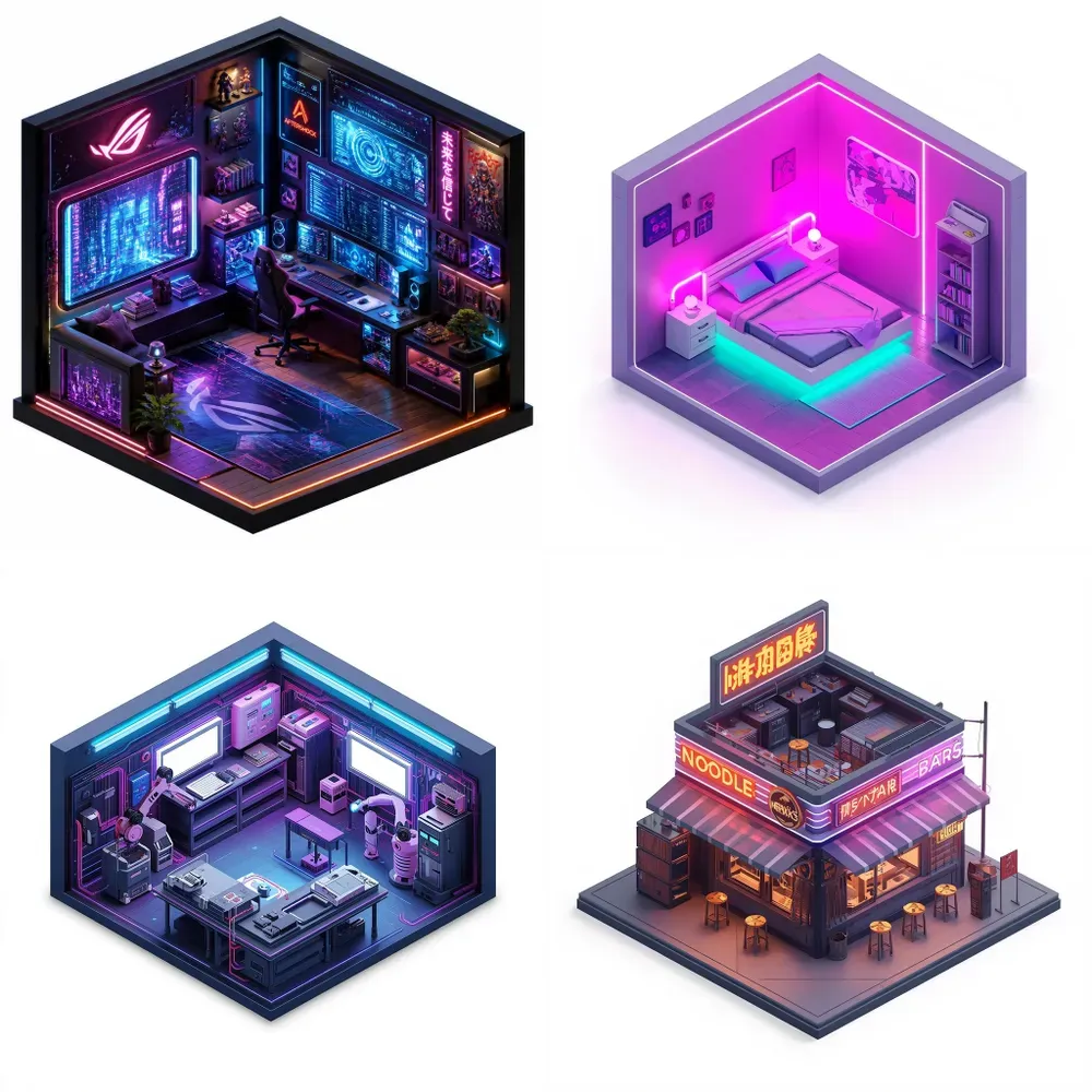 3D Isometric Cyberpunk Room Dioramas