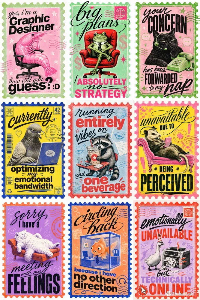Ironic Zine Office Stamp Animal Posters
