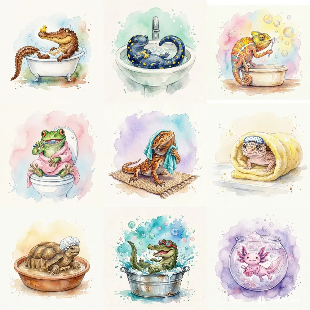 Watercolor Bath Reptile Characters