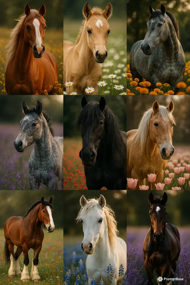 Closeup Horse Portraits In Flower Field