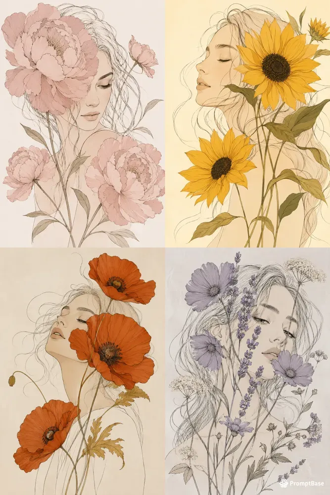 Boho Line Art Woman Floral Portraits