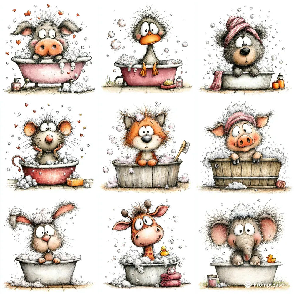 Whimsical Bubble Bath Animals Clipart