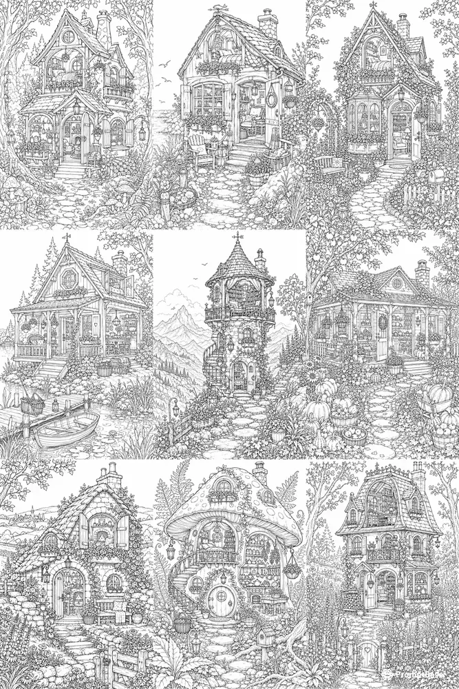 Whimsical Tiny Cottage Homes Adult Art