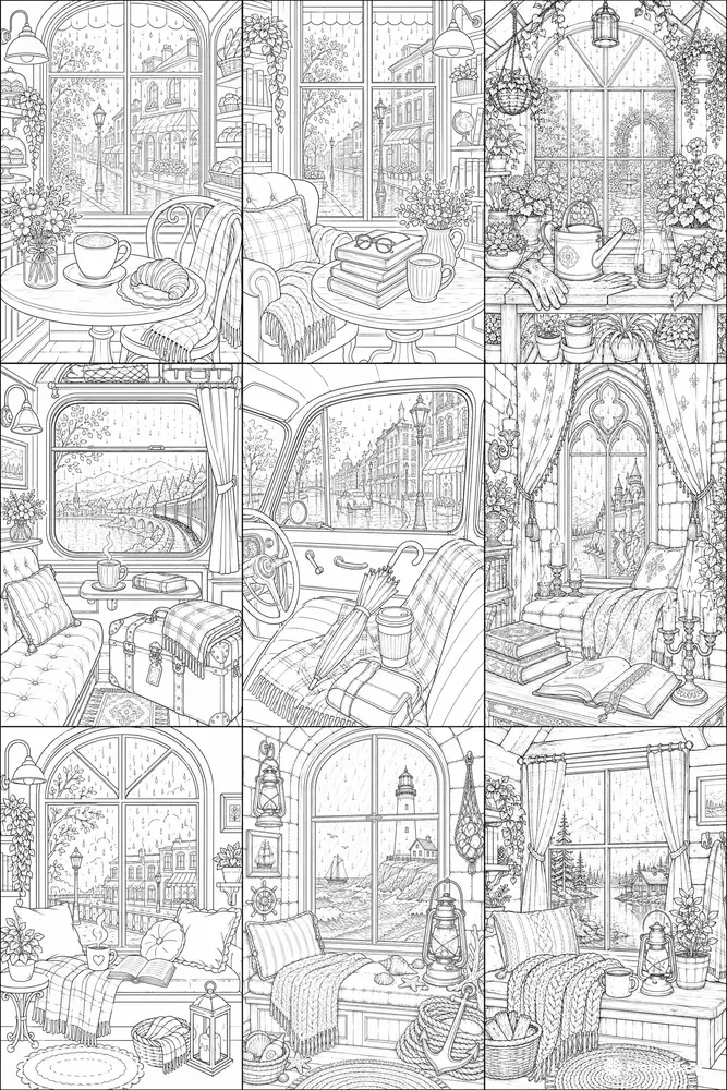 Cozy Rainy Day Windows Line Art